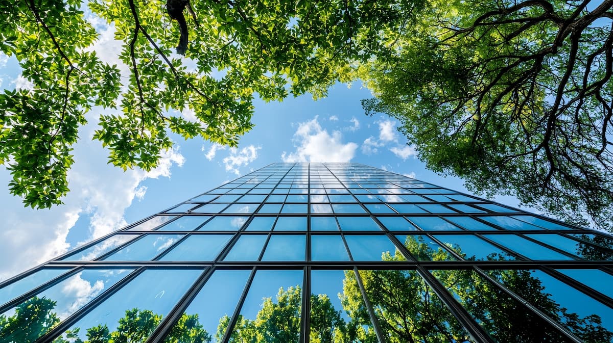 Trees reflecting off a windowed building facing upwards