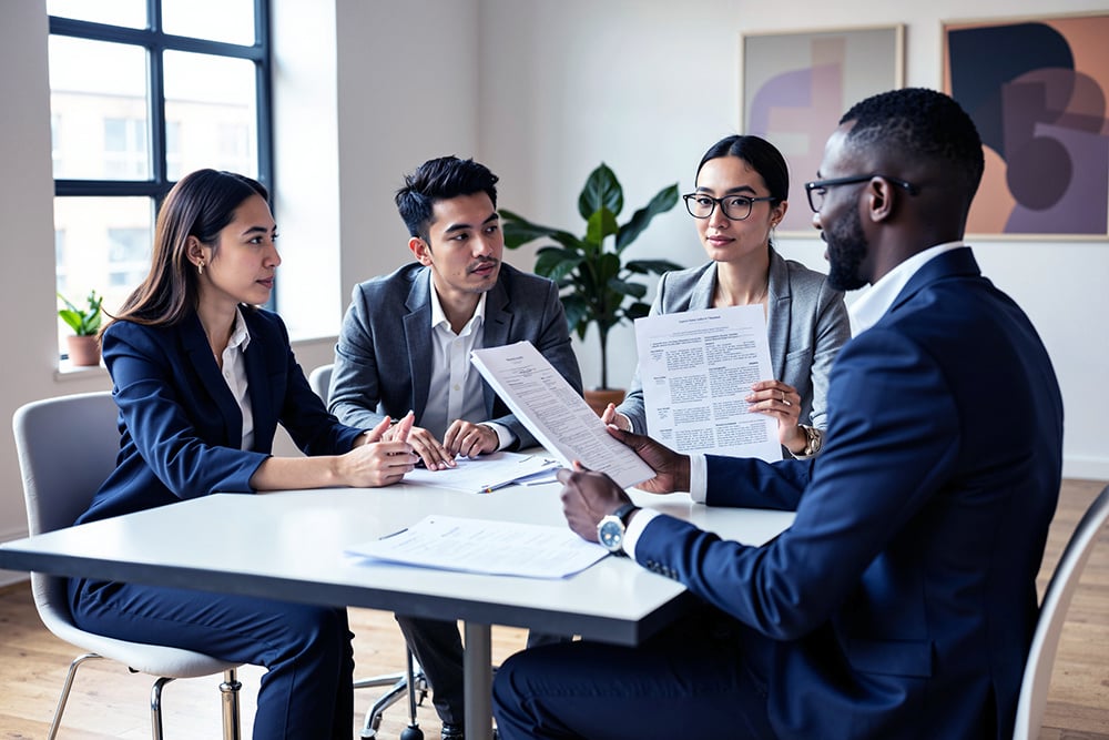 Business professionals collaborating at a table in a conference room