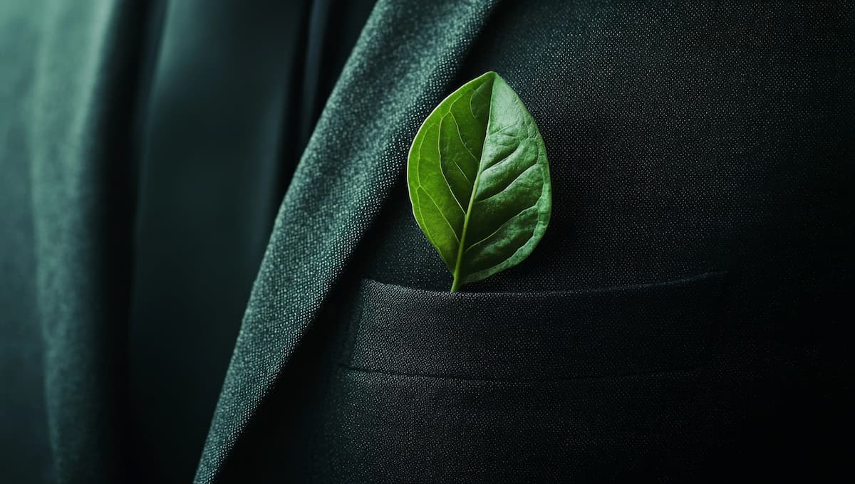 Leaf poking out of a suit breast pocket